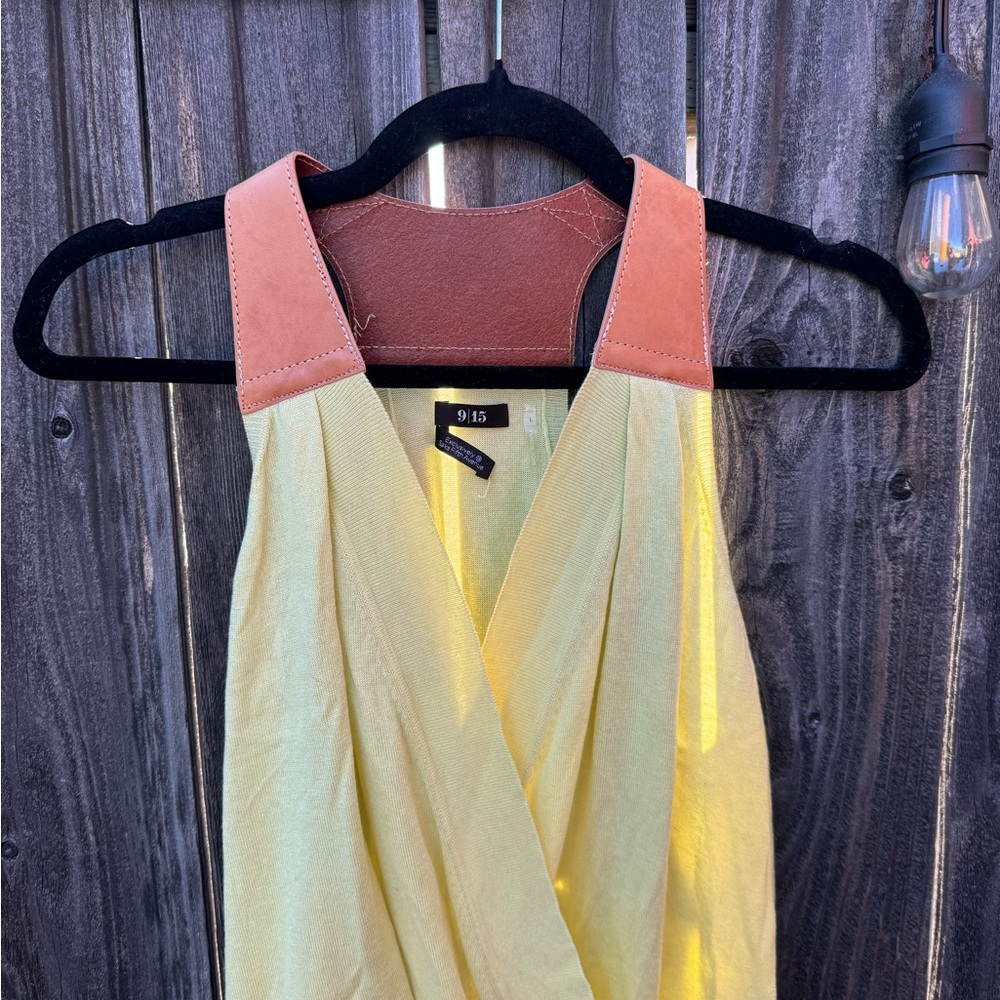 Saks Fifth Avenue 9|15 Yellow Silk and Brown Leather Racerback Faux Wrap Blouse - Picture 2 of 12
